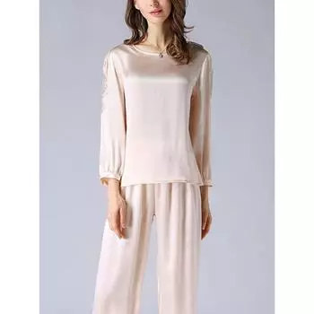 Шелковый пижамный комплект весна/осень женские вышитые брюки с длинным рукавом пуловер простая домашняя одежда L розовый