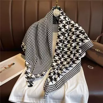 Шелковый платок в гусиную лапку Женский Солнцезащитный 90X90см Квадратный Шарф Повязка на голову Мягкий Хиджаб Роскошный Дизайн Шаль Фуляр Подарочная Лента 90X90cm