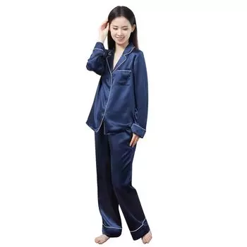 Шелковый ранг 6A Летний новый бренд, представленный на Cool Summer Long Top and Bottom Room Open Moisture Beautiful Present [Utukky] Женская пижама, 100% тёмно-синий