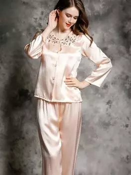 Шелковый сексуальный пижамный комплект с длинными рукавами, кружевом и V-образным вырезом, атласная дышащая ночная одежда для лета и осени, домашняя одежда L розовый