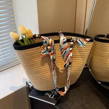 Шелковый шарф, ручная сумка для женщин, новинка 2024 года, весенняя большая вместительная пляжная сумка для отдыха, плетеная сумка из травы, пляжная сумка на одно плечо