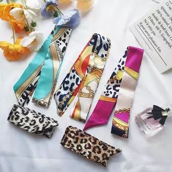 Шелковый шарф с леопардовым принтом, универсальный шарф-резинка для волос, декоративная сумка, подарочная коробка, сувенирный шелковый шарф, длинный скошенный маленький шелковый шарф