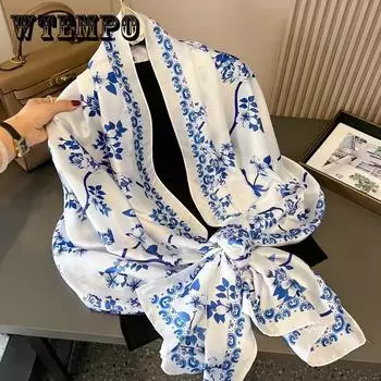 Шелковый шарф с принтом, хиджаб, женская бандана 90*180 см, платки, шейный платок, женский шарф, шаль, повязка на голову