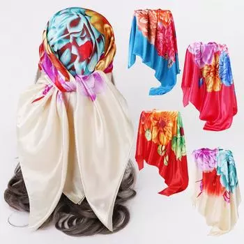 Шелковый шарф с тюрбаном и принтом. Шелковый квадратный шарф. Большой квадратный шарф 90 см. Женский солнцезащитный шарф-шаль. 90*90cm