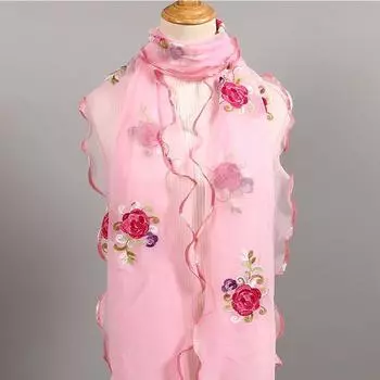 Шелковый шарф универсальный для женщин, увеличенная шаль на осень и зиму, длинный шарф с вышитыми оборками по краю, внешний шарф для защиты шеи