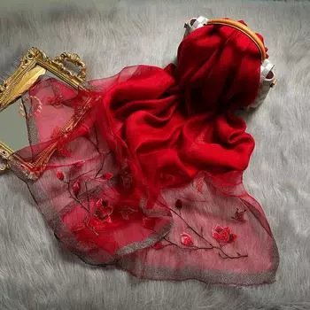 Шелковый шерстяной шарф с вышитым вручную цветочным узором - легкая, всесезонная шаль для женщин Solid color without embroidery, 70*190CM чёрный