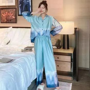 Шелковый женский пижамный костюм весна-осень с длинным рукавом, градиентный цвет, женский пижамный комплект из 2 предметов с длинными штанами, одежда для сна для женщин M зелёный