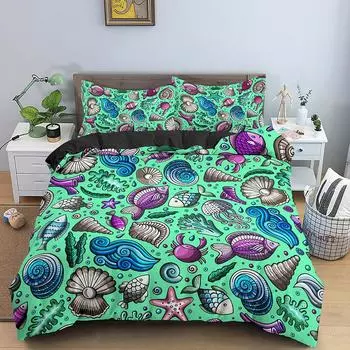 Shell Duvet Cover Set Starfish Crab Sea Animals Kawaii Polyester Comforter Cover for Kid Boys Girl Bedding Set King Full Size 70x133cm 2pcs