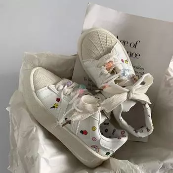 Shell Head Graffiti Little White Shoes Women s Spring and Autumn New Design Board Shoes 35 белый