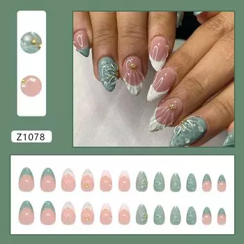 Shell pattern green camellia pearl French girl versatile removable nail art piece 24