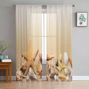 Shell Starfish Beach Sheer Curtains Modern Gauze Curtain for Living Room Bedroom Voile Yarn Curtains W135 x H114cm