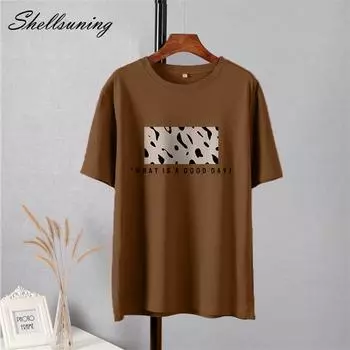 Shellsuning футболки с леопардовым принтом, женские повседневные футболки с круглым вырезом и короткими рукавами, мягкие топы из 100% хлопка, женские простые футболки в стиле Харадзюку большого размера M жёлтый