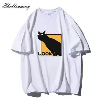 Shellsuning Kawaii Cat абстрактные футболки с принтом женские летние 100% хлопок винтажные мягкие футболки с короткими рукавами женские готические топы с графикой M жёлтый