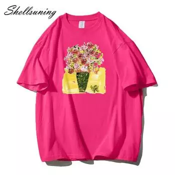 Shellsuning красивая футболка с цветочным принтом для женщин, летняя мода, универсальные футболки большого размера с круглым вырезом, женские базовые мягкие топы в стиле Харадзюку из 100% хлопка M жёлтый