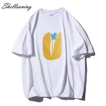 Shellsuning летние эстетические цветочные футболки женские свободные хлопковые футболки с короткими рукавами с принтом женские повседневные винтажные базовые топы с круглым вырезом M жёлтый