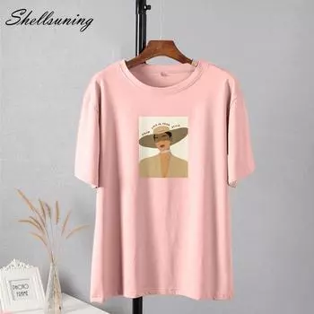 Shellsuning летние большие футболки с принтом в стиле эстетического искусства для женщин, новинка 2023 года, модные повседневные базовые шикарные футболки в стиле ретро для девочек, хлопковые мягкие топы M жёлтый