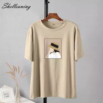 Shellsuning летние большие футболки с принтом в стиле Харадзюку женские 2023 новые модные простые базовые футболки с круглым вырезом топ для девочек с короткими рукавами женские хлопковые мягкие топы M жёлтый