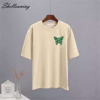 Shellsuning летние хлопковые футболки с круглым вырезом женские красивые футболки с короткими рукавами и 3D буквенным принтом свободные мягкие базовые женские топы M жёлтый
