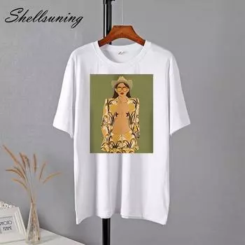 Shellsuning летние мягкие футболки с круглым вырезом и короткими рукавами, уличные футболки с графическим рисунком для женщин, 2023, повседневные свободные хлопковые базовые женские топы M абрикосовый