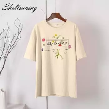 Shellsuning летние мягкие свободные футболки с короткими рукавами женские винтажные художественные футболки с цветочным рисунком женские 2023 элегантные хлопковые уличные топы M жёлтый
