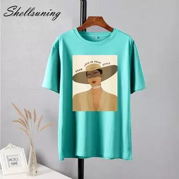 Shellsuning, летние повседневные футболки с круглым вырезом и короткими рукавами, женские модные свободные хлопковые футболки, женские топы большого размера с эстетическими персонажами M бежевый