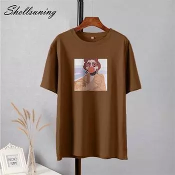 Shellsuning модная уличная одежда для пар футболка женская новая летняя с круглым вырезом короткие большие художественные футболки женские базовые мягкие топы в стиле Харадзюку из 100% хлопка M жёлтый