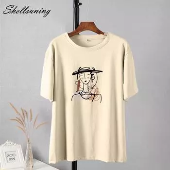 Shellsuning модная женская футболка с эстетичным принтом, новинка лета 2023, повседневные простые футболки с короткими рукавами для девочек, большие хлопковые мягкие топы в стиле Харадзюку M жёлтый