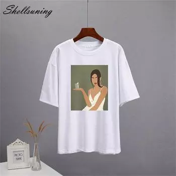 Shellsuning модные свободные футболки женские летние мягкие хлопковые базовые футболки с короткими рукавами женские негабаритные шикарные эстетичные топы с персонажами M жёлтый