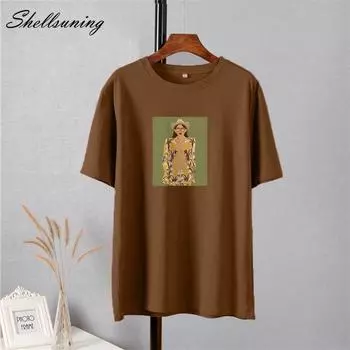 Shellsuning Oversize 100% хлопок Эстетический художественный узор Футболки с принтом Новые летние повседневные ретро футболки с короткими рукавами Базовые шикарные футболки Женские эстетические топы M жёлтый