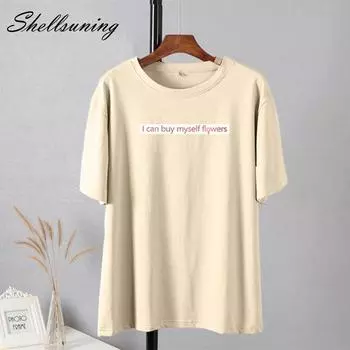 Shellsuning повседневные мягкие хлопковые футболки High Street, модные футболки с буквенным рисунком, женские футболки, лето 2023, корейские женские топы с короткими рукавами M бежевый