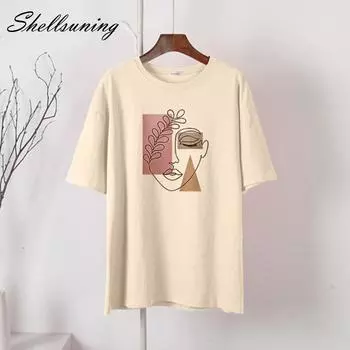 Shellsuning свободные футболки с принтом из 100% хлопка для женщин, летние элегантные мягкие базовые футболки, женские шикарные топы с короткими рукавами большого размера M жёлтый