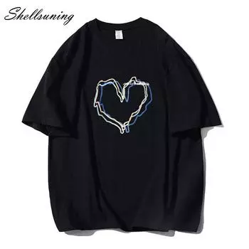 Shellsuning свободные хлопковые рубашки с круглым вырезом и принтом женские летние футболки Kawaii с сердечком женские повседневные черные топы с короткими рукавами M жёлтый
