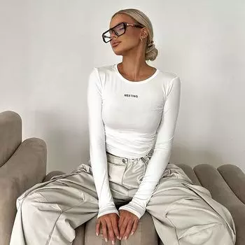 Shemoda Autumn Letters Print round Neck, Slim-Fit, Long-Sleeved Base Tops Women s Pure Color Stretch High Waist All-Matching T-shirt White S