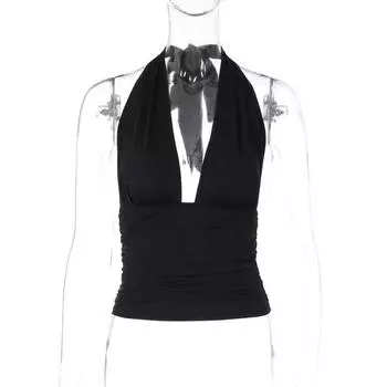 Shemoda European and American Sexy Deep V Neck Open Back Halter Spaghetti Straps Vest Women s Ruched Stretch High Waist Silm Short Top Black S