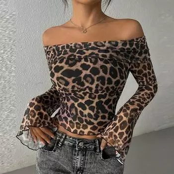 Shemoda Fashion Style Sexy Double-Layer Mesh Leopard Print Print off-Neck Long Sleeves T-shirt for Women Slim-Fit Crop-Top Khakis M
