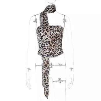 Shemoda Fashion Style Sexy Leopard Print Print Lace Patchwork off-Shoulder Collar Tube Top Zipper Slim Fit Ribbon Tops Leopard print M
