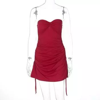 Shemoda Fashion Style Sexy off-Neck Tube Top Dress Women s Side Drawstring Ruffle Waist-Tight Slim Fit Skirt Red S