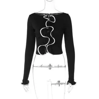 Shemoda Мода Инс Стиль Кружево Вырез Завязка Кардиган Длинный Рукав Топы Женский Ранняя Осень Сексуальный Легче Всего Сочетать Короткая Футболка Black L
