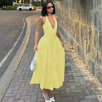 Shemoda Мода Стиль для отпуска Сексуальное платье с глубоким V-образным вырезом, халтер, на тонких бретелях, женское, с высокой талией, прилегающее, с широким подолом, длинная юбка Yellow S