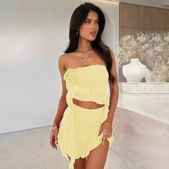 Shemoda Модный Стиль Модный Костюм Женский Воланы Декоративный Цветок Топ-труба + Юбка Слим Комплект из двух предметов Yellow M