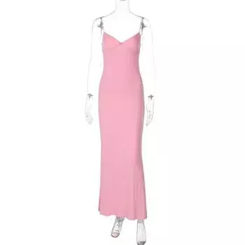 Shemoda Модный Стиль Сексуальное Платье на Бретелях с Глубоким V-образным Вырезом и Декоративным Цветком Женское Стрейч Облегающее Без Спины Розовая Длинная Юбка Pink S