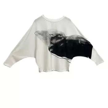 Shengdijia Women s round Neck Pullover Loose Ink Blooming Hem Slit Bat Knitwear T-shirt White S