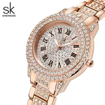 Shengke Bling Роскошные женские кварцевые часы Relogio Feminino с кристаллами розового золота, романтические цветные часы золотистый/ярко-розовый