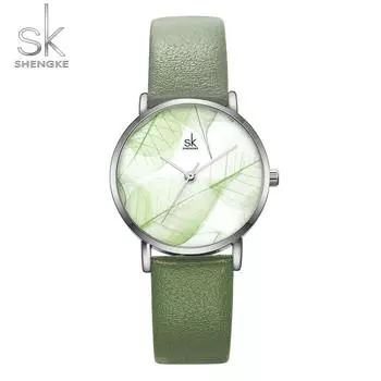Shengke модные часы для женщин летние зеленые листья циферблат женские тонкие кварцевые ультратонкие женские часы зелёный