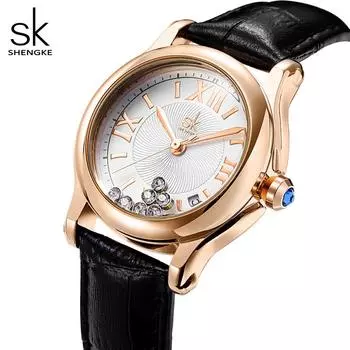 Shengke новые качественные кожаные часы для женщин японский кварцевый механизм с календарем движущийся кристалл на циферблате чёрный