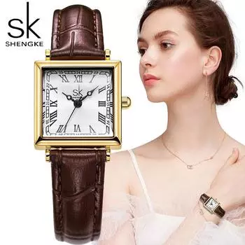 Shengke новый дизайн женские кварцевые часы модные квадратные элегантные женские наручные часы топ роскошный кожаный ремешок женские подарки часы чёрный