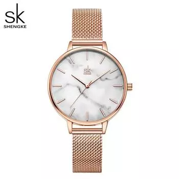Shengke женские часы из розового золота с ремешком из нержавеющей стали, новый оригинальный дизайн, женские кварцевые наручные часы, брендовые часы для девочек серый