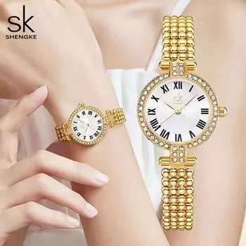 Shengke золотые часы для женщин, водонепроницаемые, тонкие, маленькие, наручные, аналоговые, с бриллиантами, женские кварцевые наручные часы, элегантные часы для девочек серебряный