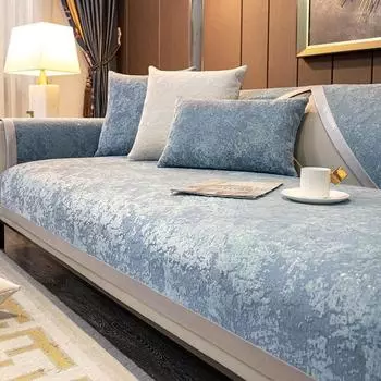 Шениллоновая подушка для дивана Нескользящая Универсальная Четыре сезона Современная Высококлассная Бежевая Накидка на диван Прочная Удобная Стильная Защита для Домашней Мебели Декор 70*70cm синий