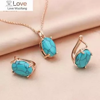 Shenjiang Новые изящные овальные серьги в форме яйца из синтетической бирюзы 585 пробы из розового золота, комплект ювелирных изделий для женщин, свадебные украшения 48cm